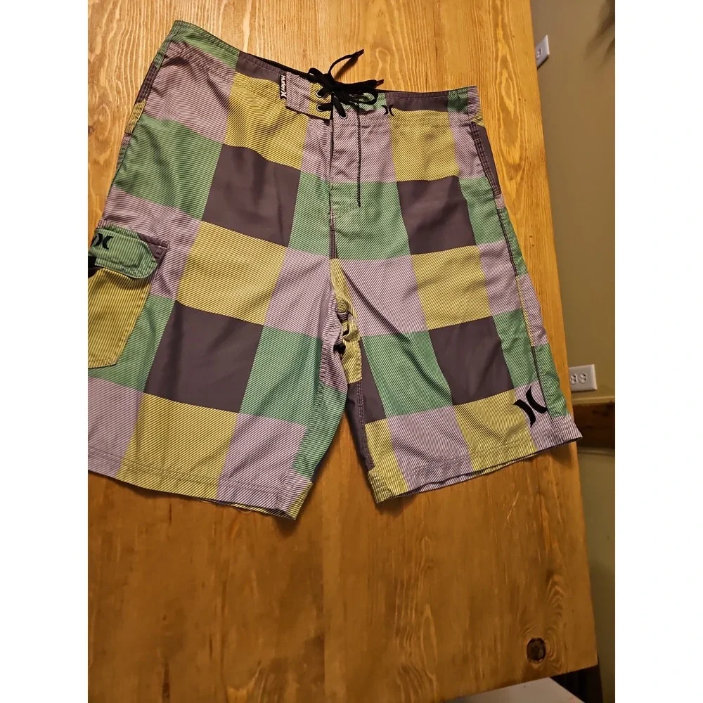 Hurley Board Shorts Green Gray Block,size 34